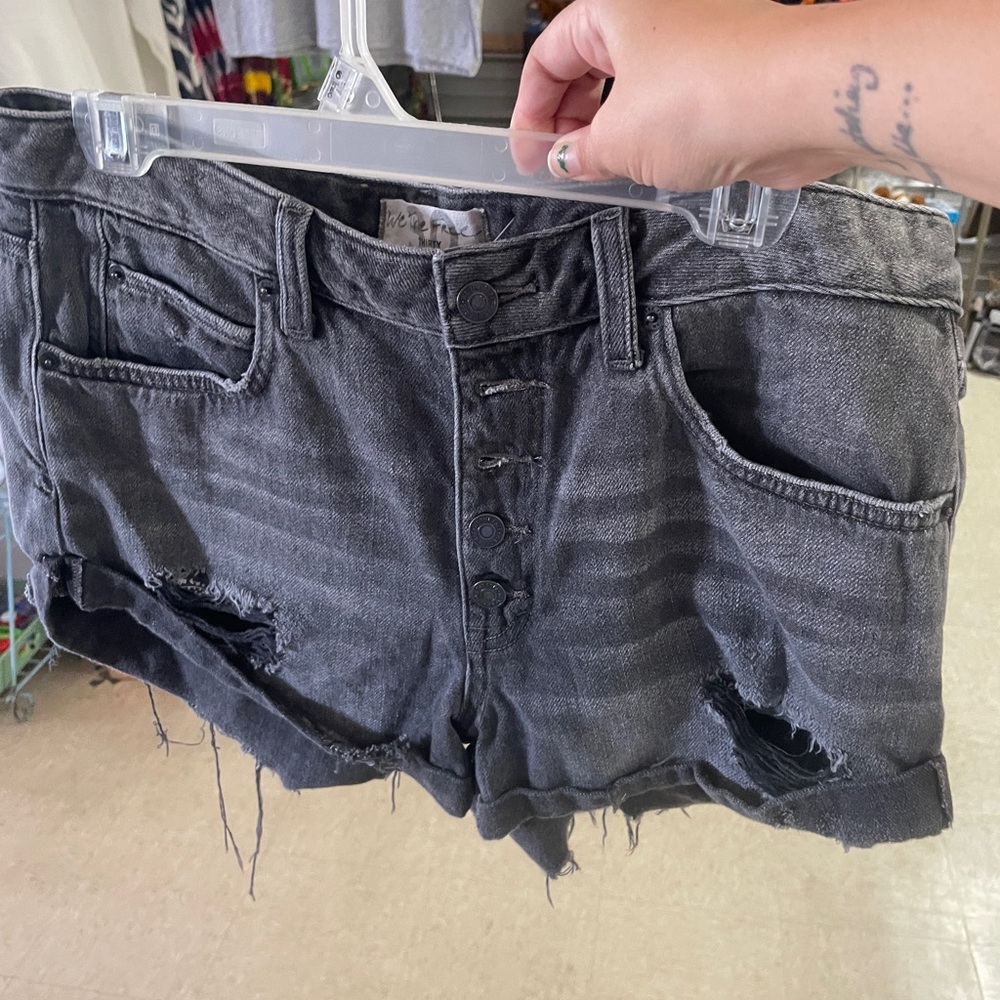 Free People Black Distressed Button-Fly Jean Shorts
